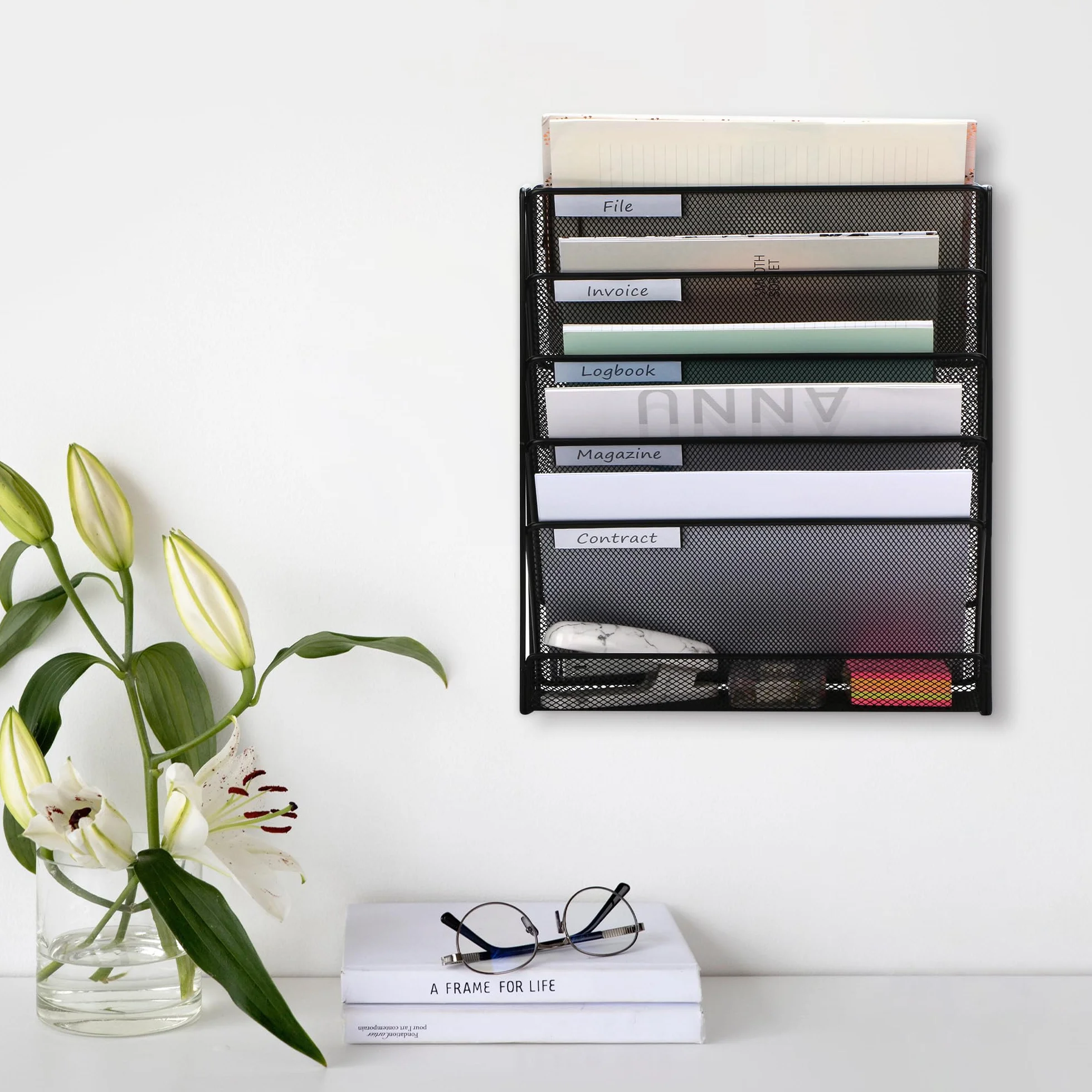 Exerz Revistero de Pared de 5 Capas, Portafolletos A4, Organizador de Archivos de Oficina - Negro