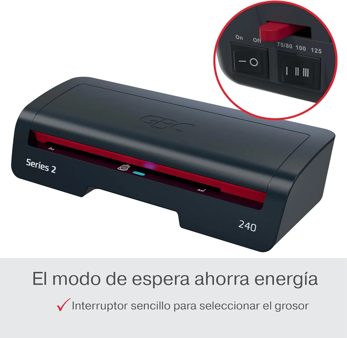 GBC 4410068EU - Plastificadora 240 Home Office A4, Calentamiento Rápido en 2 Minutos, 75-125 Micras, Antiatascos, Apagado Automático, Incluye 5 Fundas de Plastificación A4, Negro/Rojo