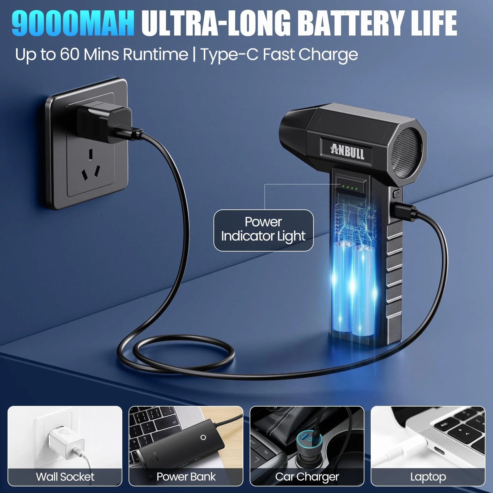 Anbull Soplador de Aire Potente 250.000 RPM, 9000 mAh Batería, Recargable USB-C e Inalámbrico, 4 Niveles de Potencia Ajustables con Linterna LED para PC, Teclado, Coche y Limpieza de Electrónicos