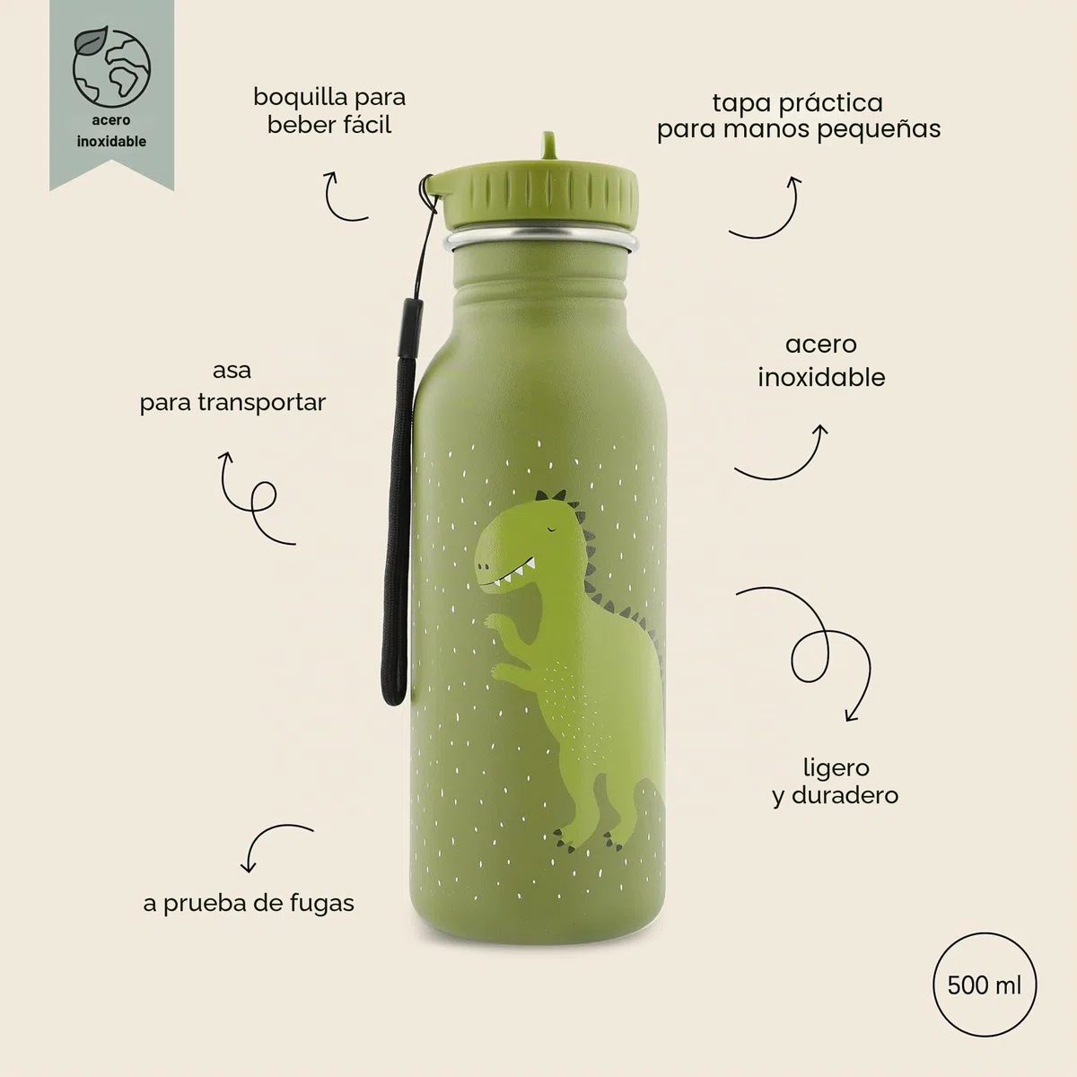 Trixie - Botella de beber para niños de acero inoxidable 500ml - Mr. Dino (Dinosaurio)