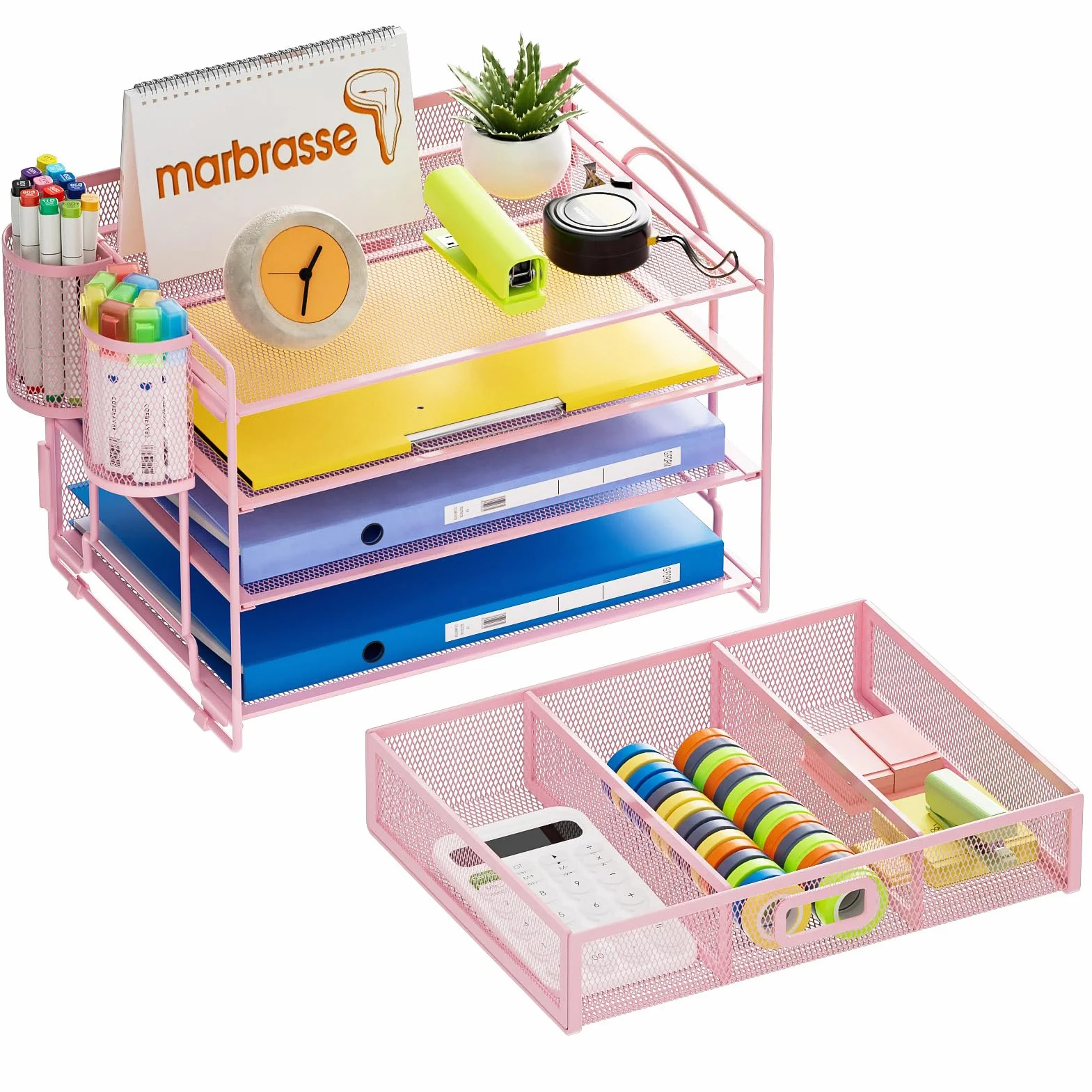 Marbrasse Organizador Escritorio 4-Tire Bandejas Oficina Soportes Bolígrafos Rosa