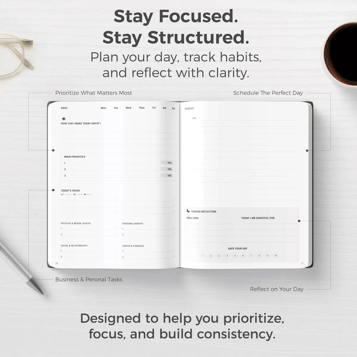 MindPanda Planificador de productividad A5 sin fecha de 3 meses, planificador diario con un sistema guiado de 90 días para enfoque, establecimiento de objetivos, gratitud y felicidad, diseño apto para