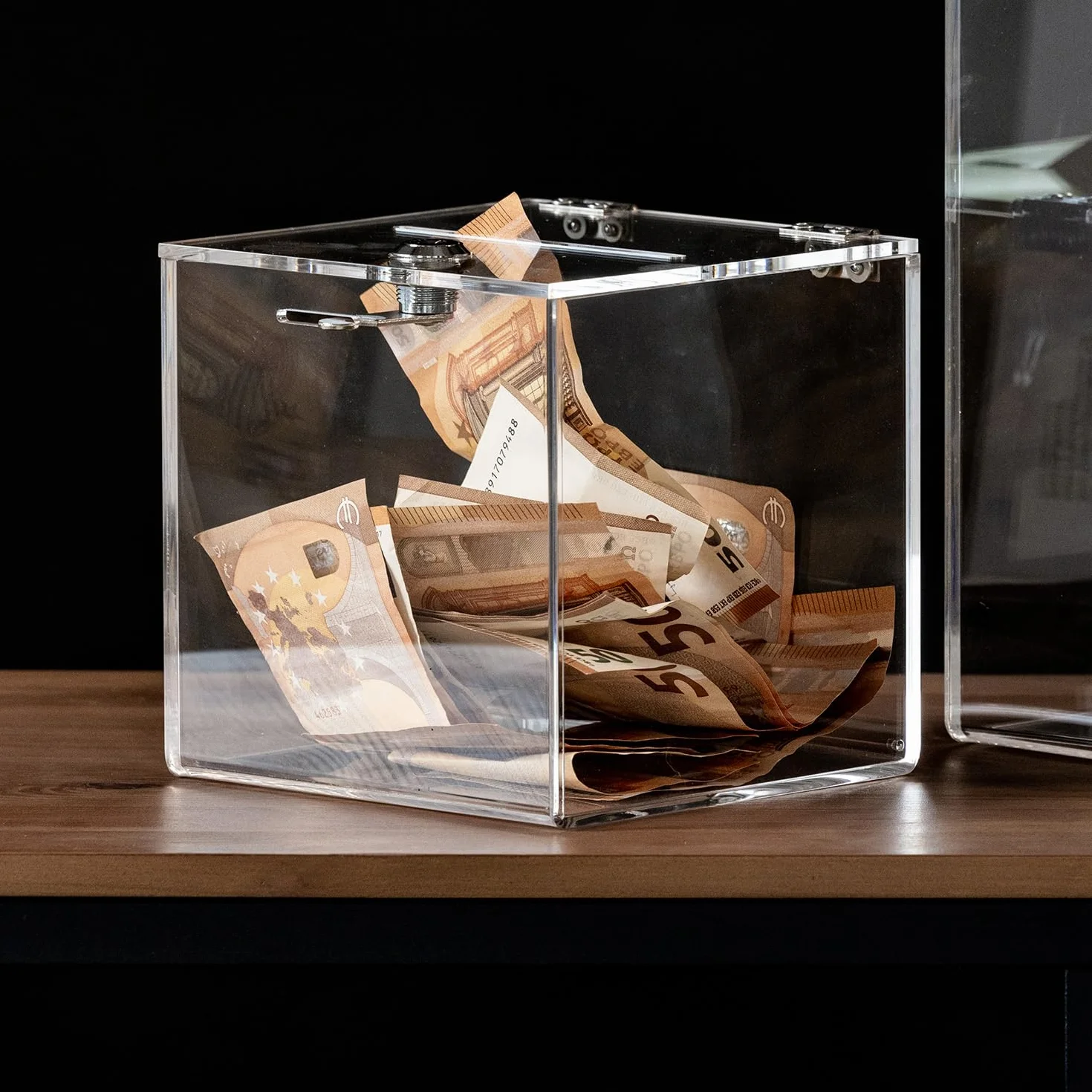 HMF 46919 Caja de donación de acrílico con cerradura | 15 x 15 x 15 cm | DIN A6 | Transparente