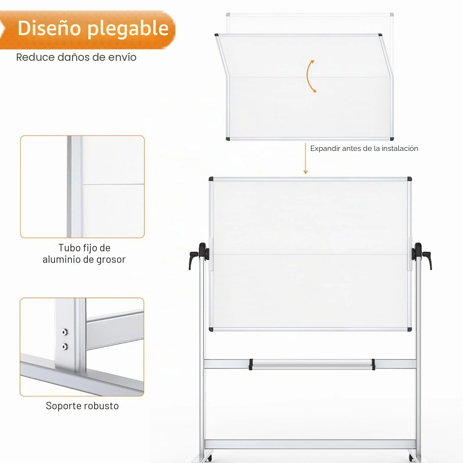VIZ-PRO Pizarra blanca móvil magnética de doble cara 120x90 cm con ruedas marco de aluminio