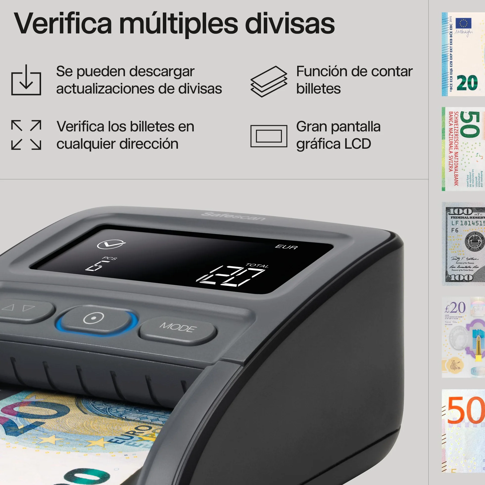Safescan Detector de billetes falsos automático y portátil 155-SX para verificar rápidamente los billetes-Detector de billetes falsos con 7 puntos de detección -Detector de billetes falsos 100% fiable