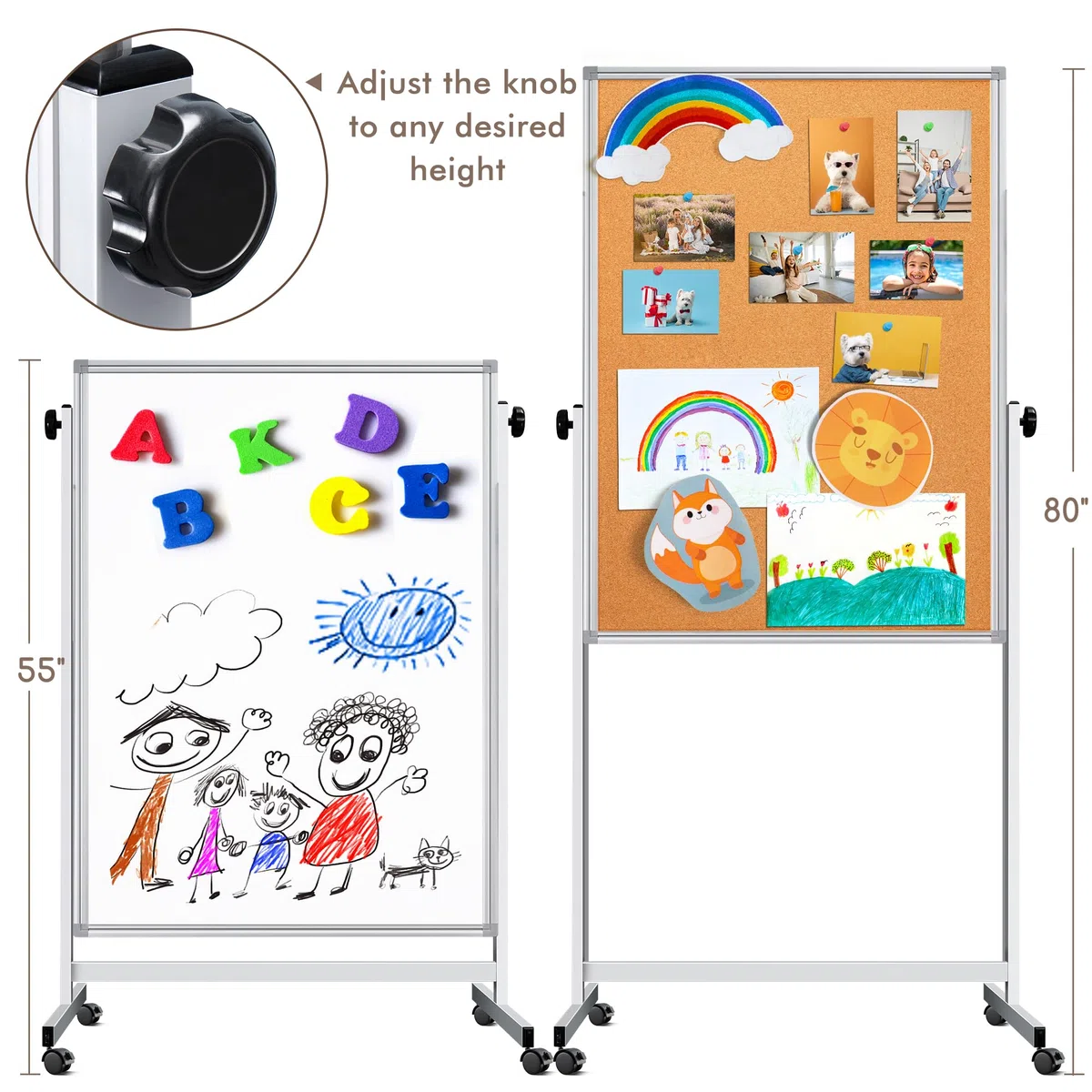 Tablero de anuncios de corcho móvil y pizarra blanca de 32 x 48 pulgadas, combo de tablero de corcho magnético de borrado en seco, pizarra blanca de doble cara ajustable con soporte para hogar,