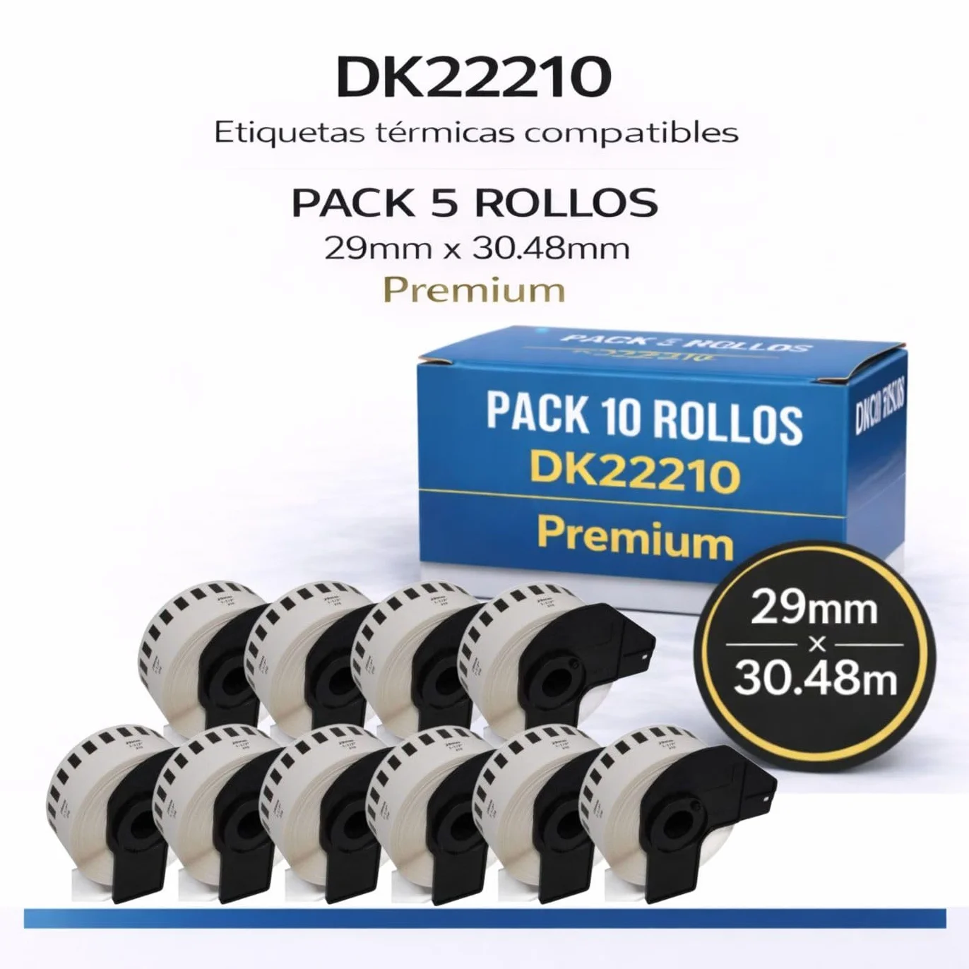 10 Rollos DK-22210 Etiquetas Adhesivas con Soporte, 29mm x 30.48m, Cinta Continua de Papel Térmico para Brother QL Impresoras de Etiquetas DK22210 (10)