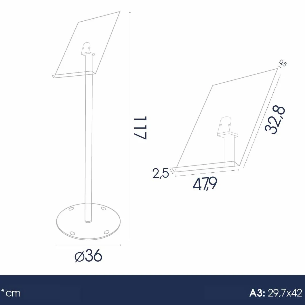 Danieli | Expositor publicitario de pie con Atril apoyalibros tamaño A3 Horizontal | Soporte de acrilico Transparente para Libros, Catálogos y Menú | Soporte de acrilico de pie para Mostrar Aviso