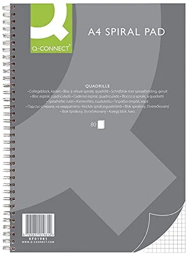 Q-Connect Cuaderno espiral A4, cuadriculado, 80 hojas, 160 páginas, cuaderno en espiral, bloc de notas con espiral, bloc de notas escolares, bloc de notas