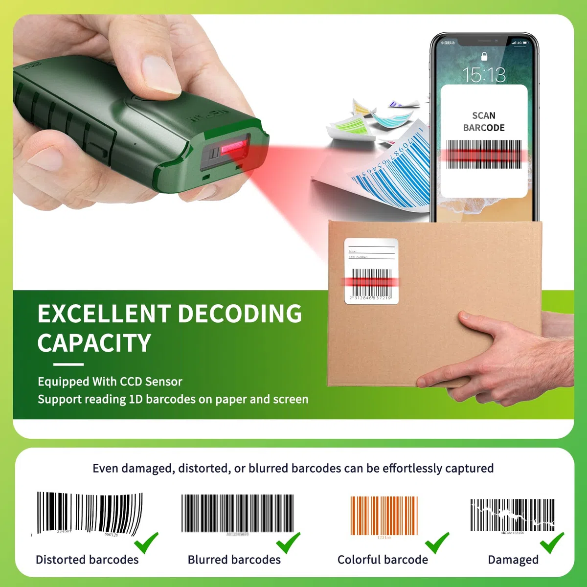 NETUM 1D Escáner de código de Barras Bluetooth, Lector de código de Barras CCD 3 en 1 Clip Trasero automático inalámbrico para escaneo de Armas Funciona con iOS Android Windows MacOS Tablet (1D E740)