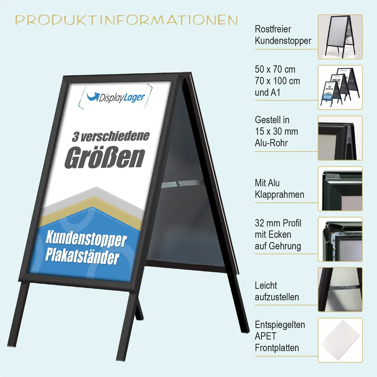 DisplayLager, Calidad danesa | topes para clientes de aluminio | 2 carteles (ambos lados) | resistente a la intemperie para carteles en aceras (negro, 70 x 100 cm)