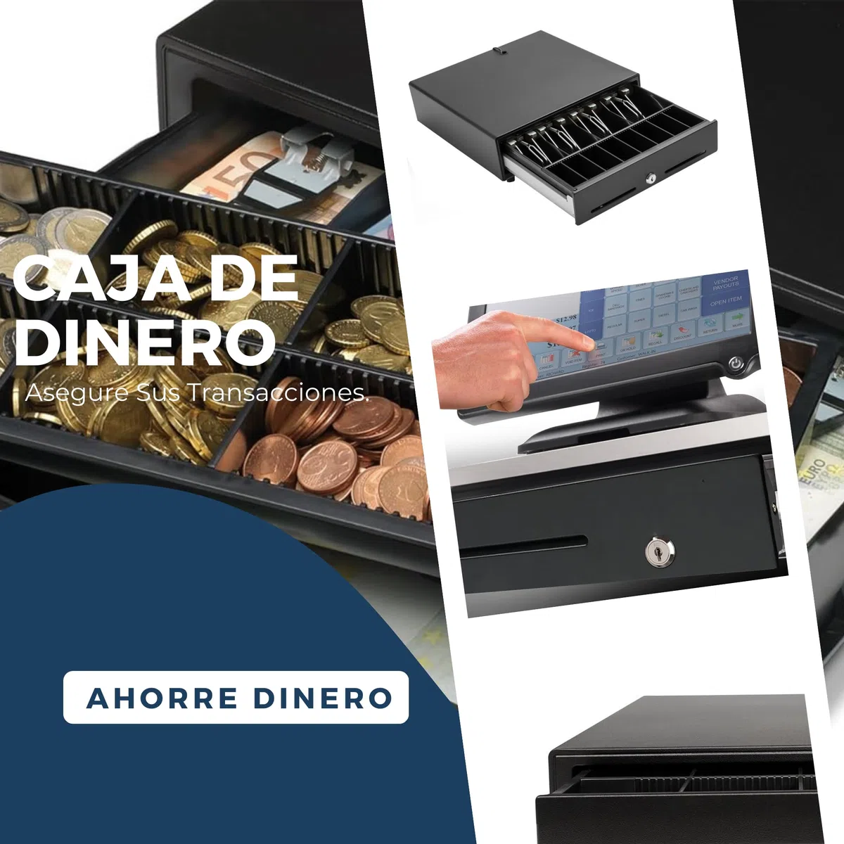 BALSAT | Cajón Portamonedas 410x114x415mm | Caja Registradora Negocio | Organizador Monedas y Billetes |Cajón Dinero automático yManual Negro | Organizador Efectivo | Con llave | Bandeja portamonedas