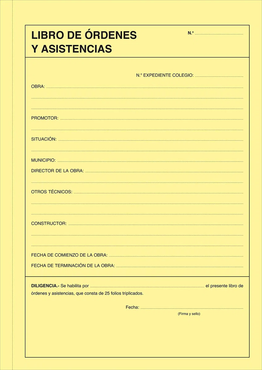 LIBRO DE ÓRDENES Y ASISTENCIAS. A4, 25 folios triplicados y numerados.