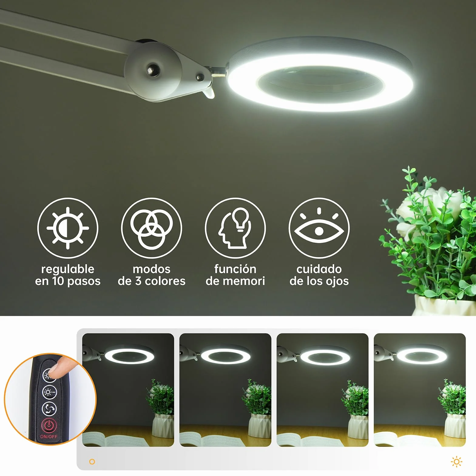 Lámpara Lupa LED con Luz de Trabajo - Lente de Vidrio de 105mm y 5 Dioptrías, Brazo Giratorio Premium, Luz Regulable de 3 Colores y Abrazadera para Mesa - Ideal para Trabajos de Precisión