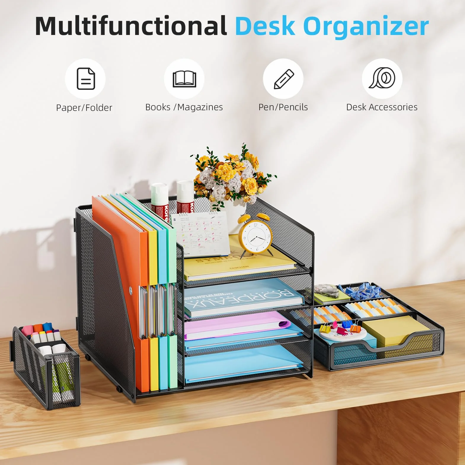 Marbrasse Malla Organizador De Escritorio,4 Niveles Archivador de Escritorio con Cajón,Bandeja Multifuncional para Papeles y Cartas con Soporte para Bolígrafos (Negro)