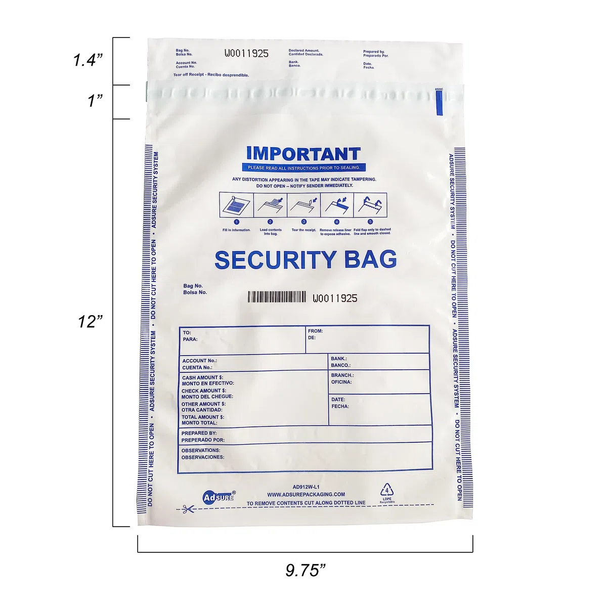 Bolsas de plástico para depósito bancario de 9 x 12 pulgadas | Depósitos bancarios seguros, manejo de efectivo o transporte seguro de divisas | Códigos de barras secuenciales | A prueba de
