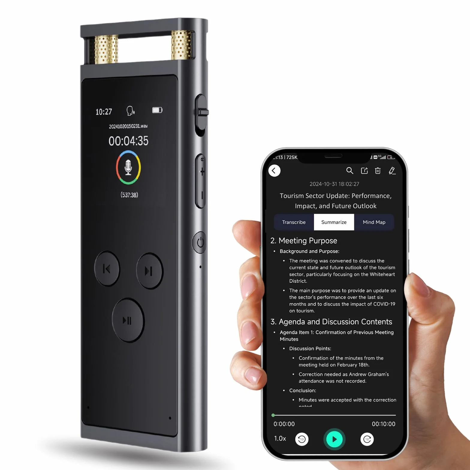 64GB Grabadora de Voz IA, Portátil con Activación por Voz, Transcribe y Resume, Soporta 102 Idiomas, Reducción de Ruido, Reproductor MP3