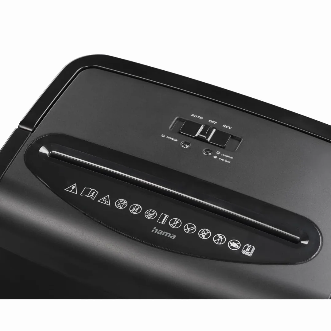 Hama | Trituradora de Papel Microcorte P-5 8 Hojas, Negro | Destructora de Documentos DIN 66399 P5 E4 T5 + Tarjetas de Crédito + Cesto 20L Compacta
