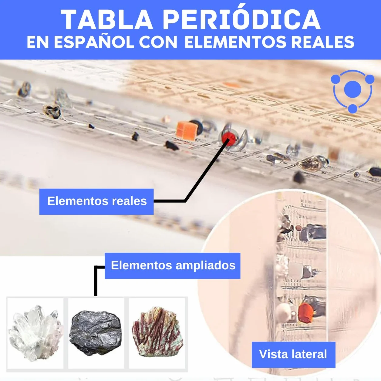 Tabla Periódica en Español Grande con Elementos Reales (21x16x4) - Póster Resina Transparente - Regalo Química