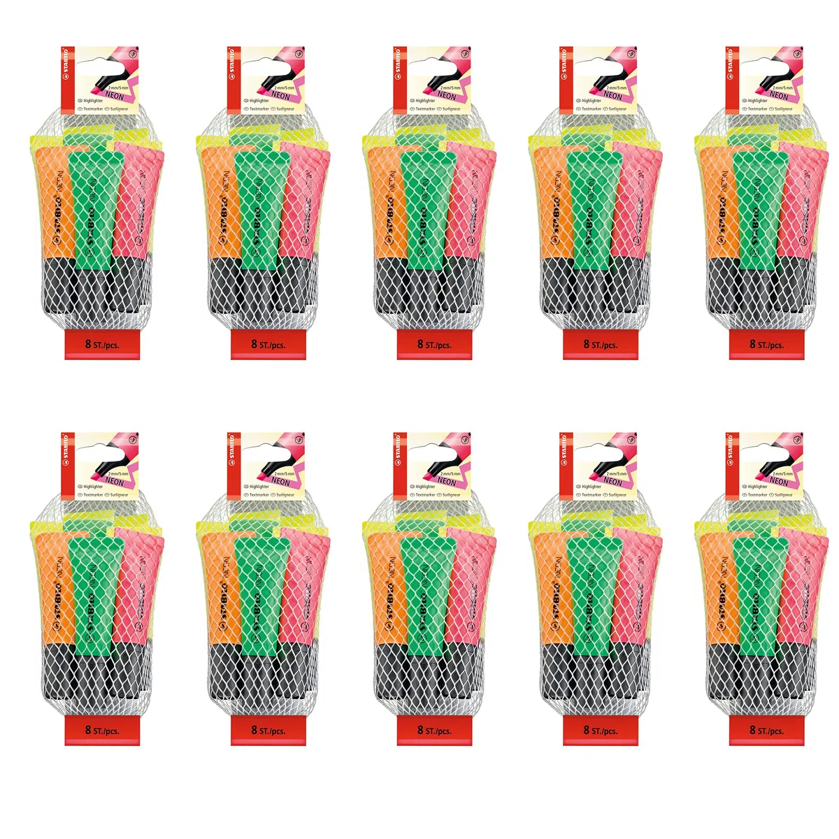 STABILO - marcador fluorescente - NEON | 10x pack de 8, 4 x amarillo, 2 x verde, 1 x naranja, 1 x rosa