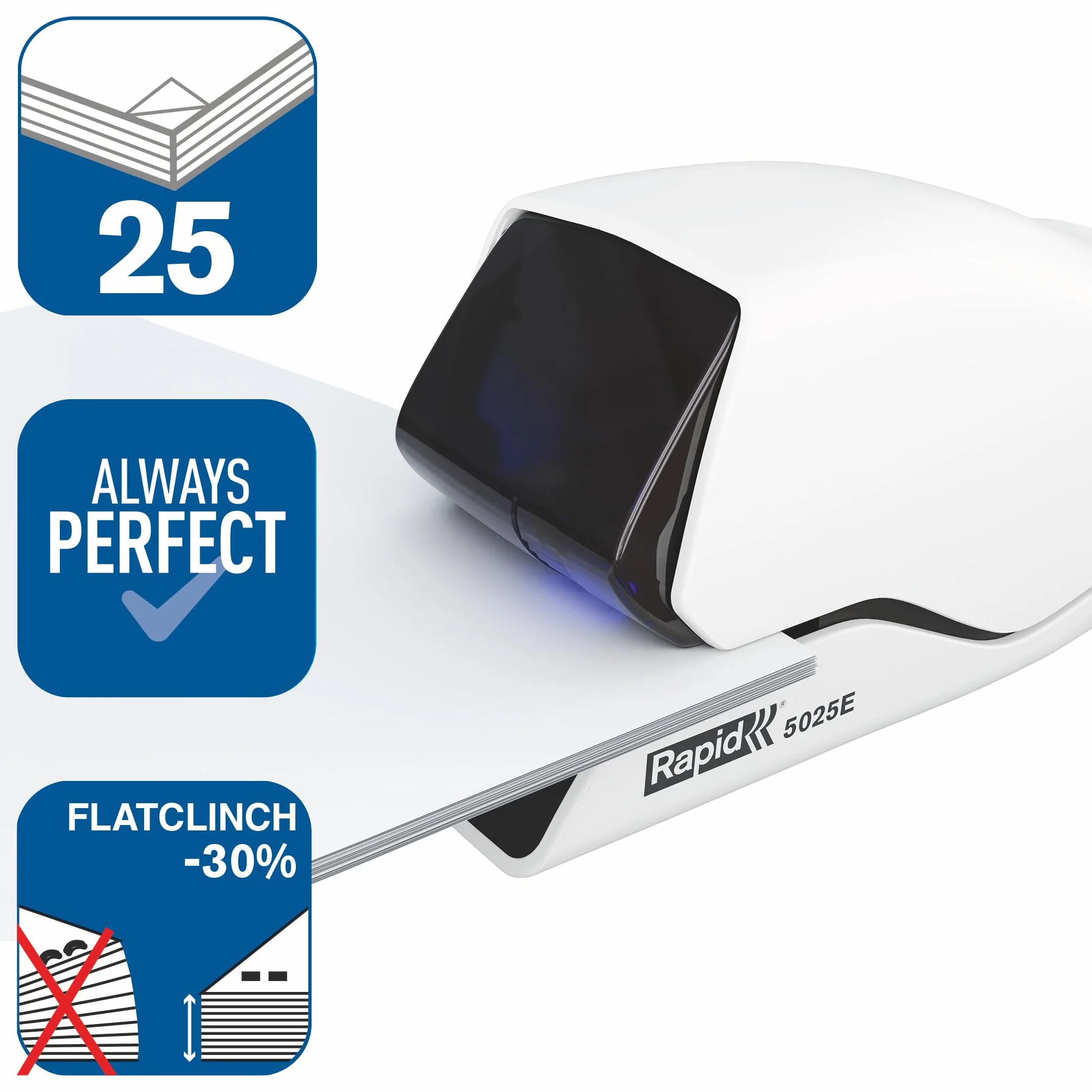 RAPID 25095200 - Grapadora eléctrica con tecnología Flat-Clinch modelo 5025E color blanco