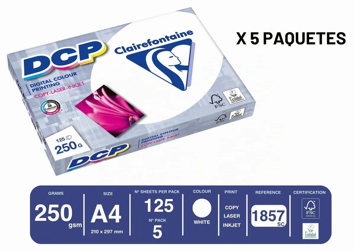 Clairefontaine 1857SC - Caja de papel Digital Color Printing contiene 5 packs. - A4, 250g/m2, Total de hojas por caja: 625 - Color: Blanco (170 CIE)
