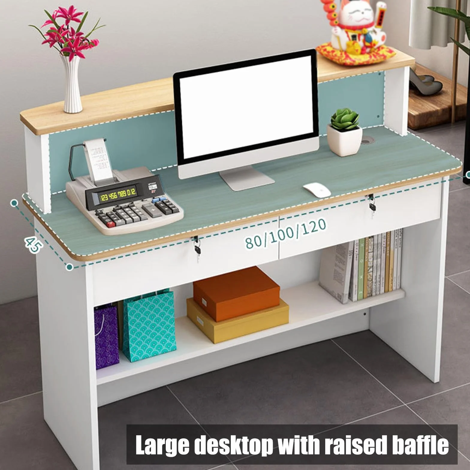 Mostrador de recepción con mostrador, mostrador de recepción con cajones con cerradura, para salón de belleza, supermercado, tienda de conveniencia, tienda de ropa, tienda de té con leche(White+Light