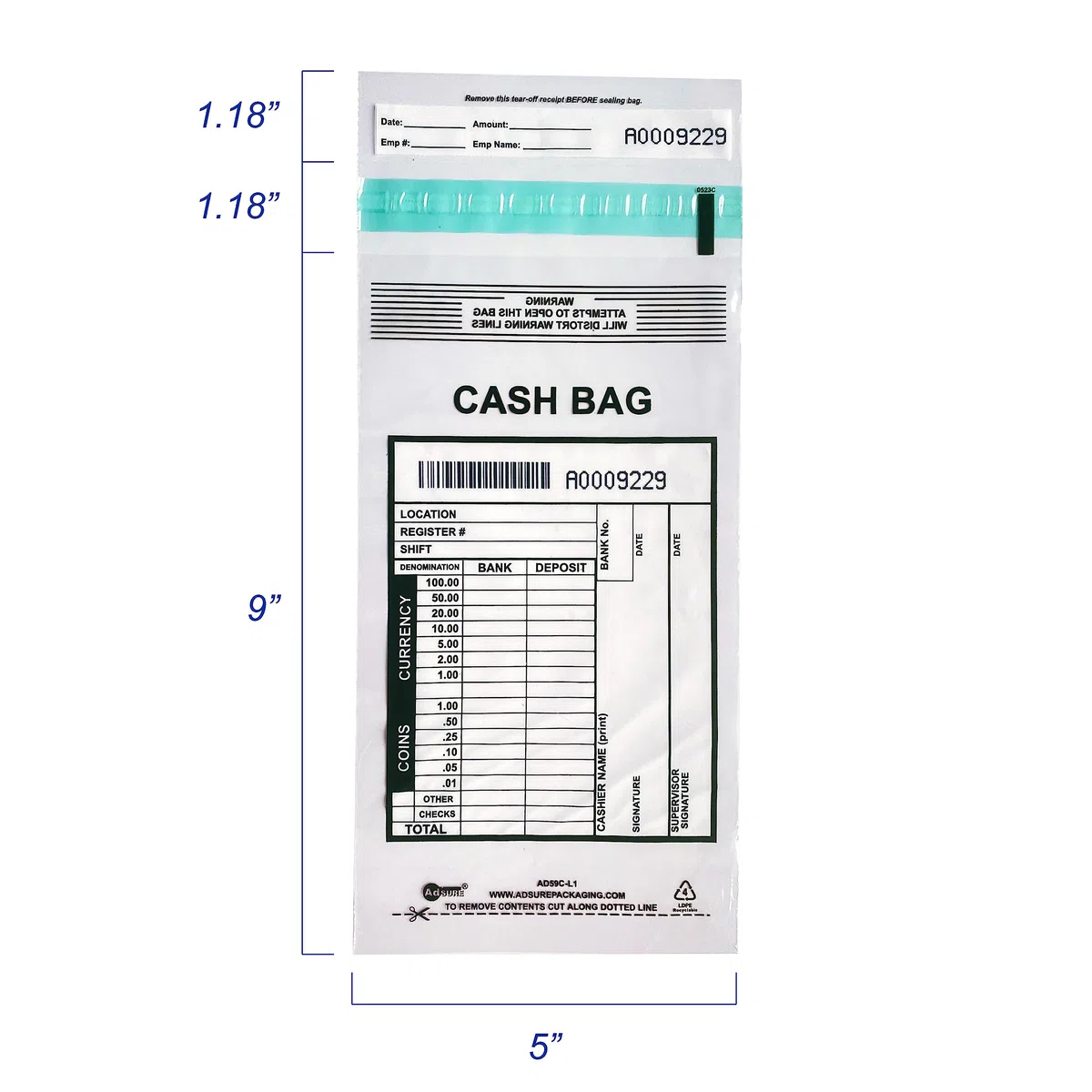 Bolsas de depósito para dinero en efectivo, paquete de 1000 unidades, 5 x 9 pulgadas, bolsa de plástico transparente a prueba de manipulaciones, panel de escritura y recibo extraíble, sobres de