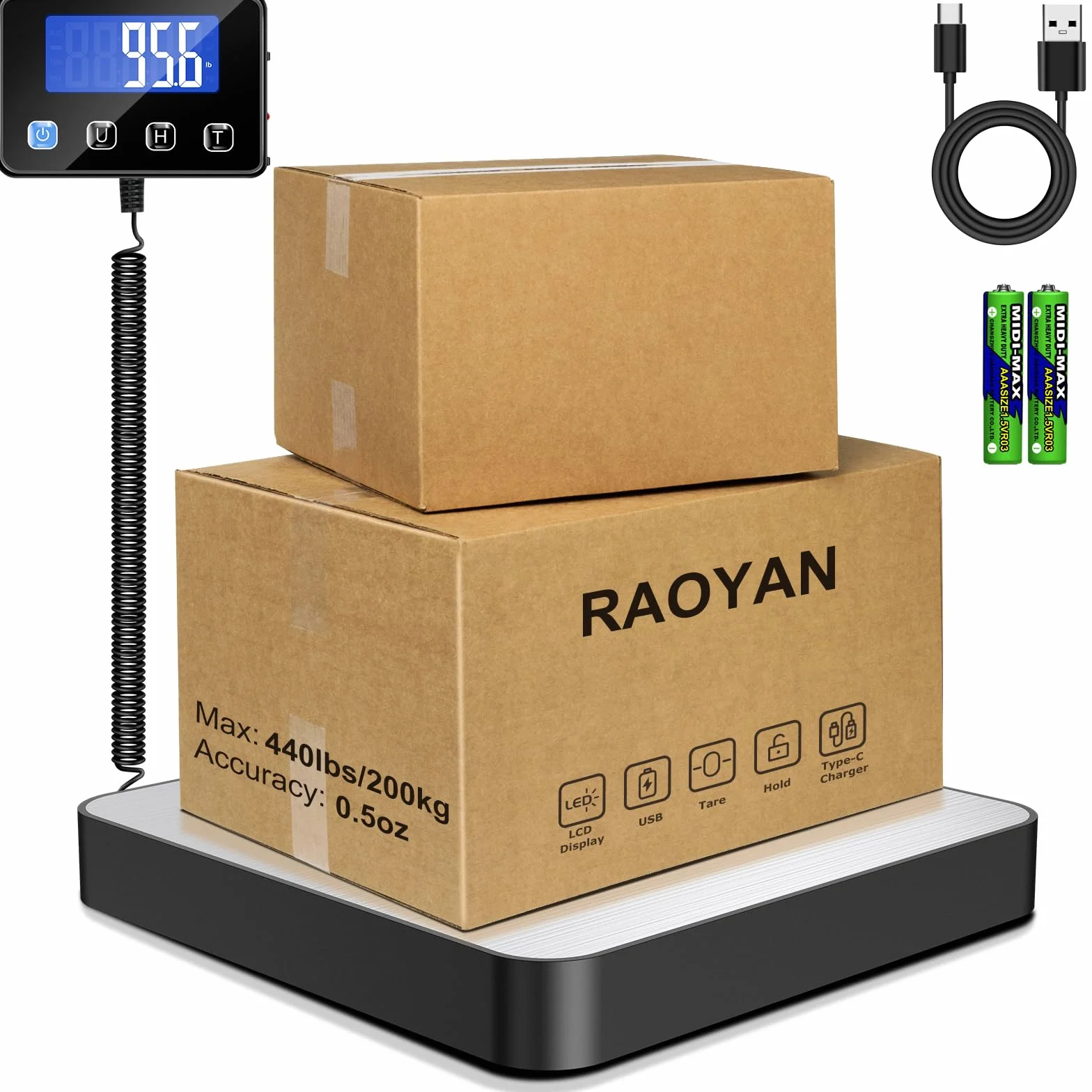 Báscula para Paquetes 440lb, Bascula Digital Alta Precisión 10g con Retención/Tara/LCD, Balanza Postal USB