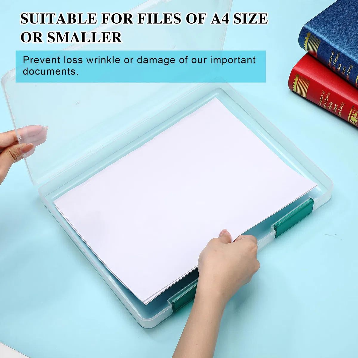 PerKoop 6 cajas de almacenamiento de plástico transparente A4 para documentos, cajas de plástico para juegos de mesa, contenedores de almacenamiento de revistas, protector de archivos con hebilla