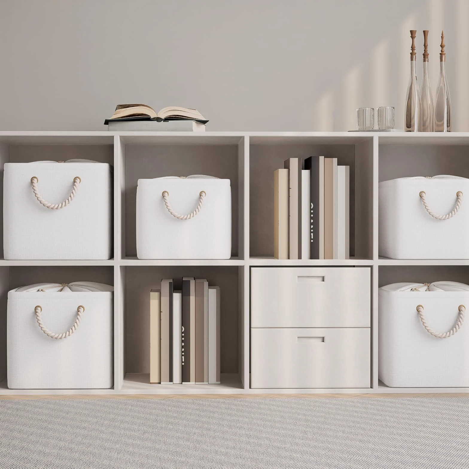 OUTBROS Juego de 3 Caja de Almacenaje plegable, 38 x 28 x 26 cm Cesta de Almacenamiento grande de tela con asas de transporte y cubierta de cordón para toallas, ropa, Blanco puro