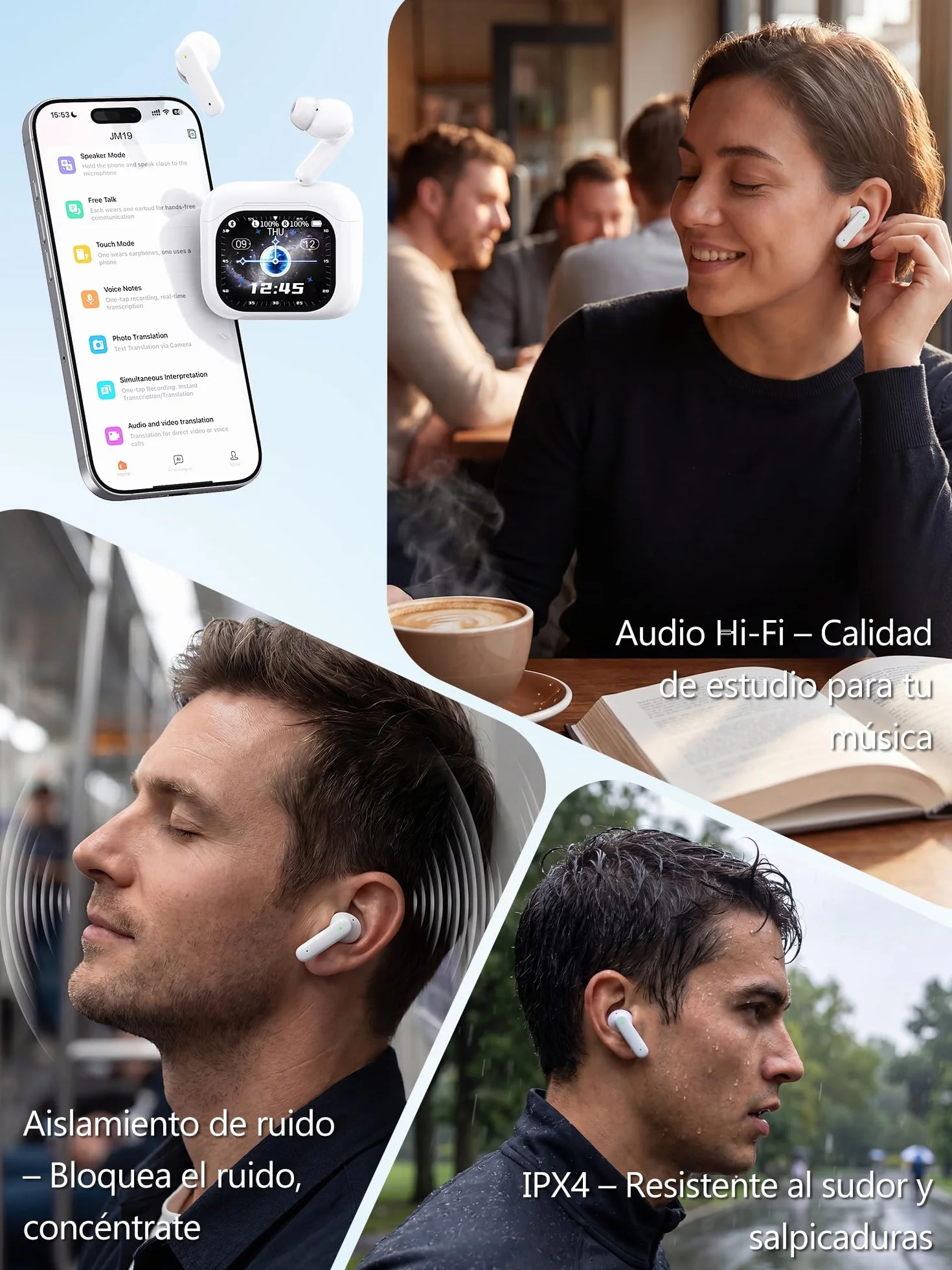 AI Auriculares Traductor en Tiempo Real: Traductor Instantáneo de Voz 156 Idiomas | 3-en-1 con Pantalla Táctil LCD | 98% Precisión | 7 Modos Traducción | Bluetooth 5.4| Ideal Viajes/Negocios/Estudios