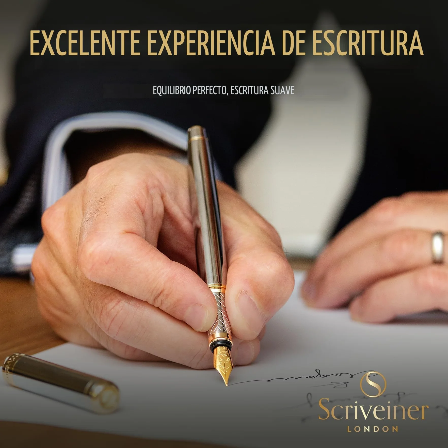 Scriveiner Pluma Estilográfica Plateada con Detalles de Chapado en oro auténtico, Plumilla y Convertidor Instalado Schmidt, Incluye Dos Cartuchos de Tinta, Azul y Negro