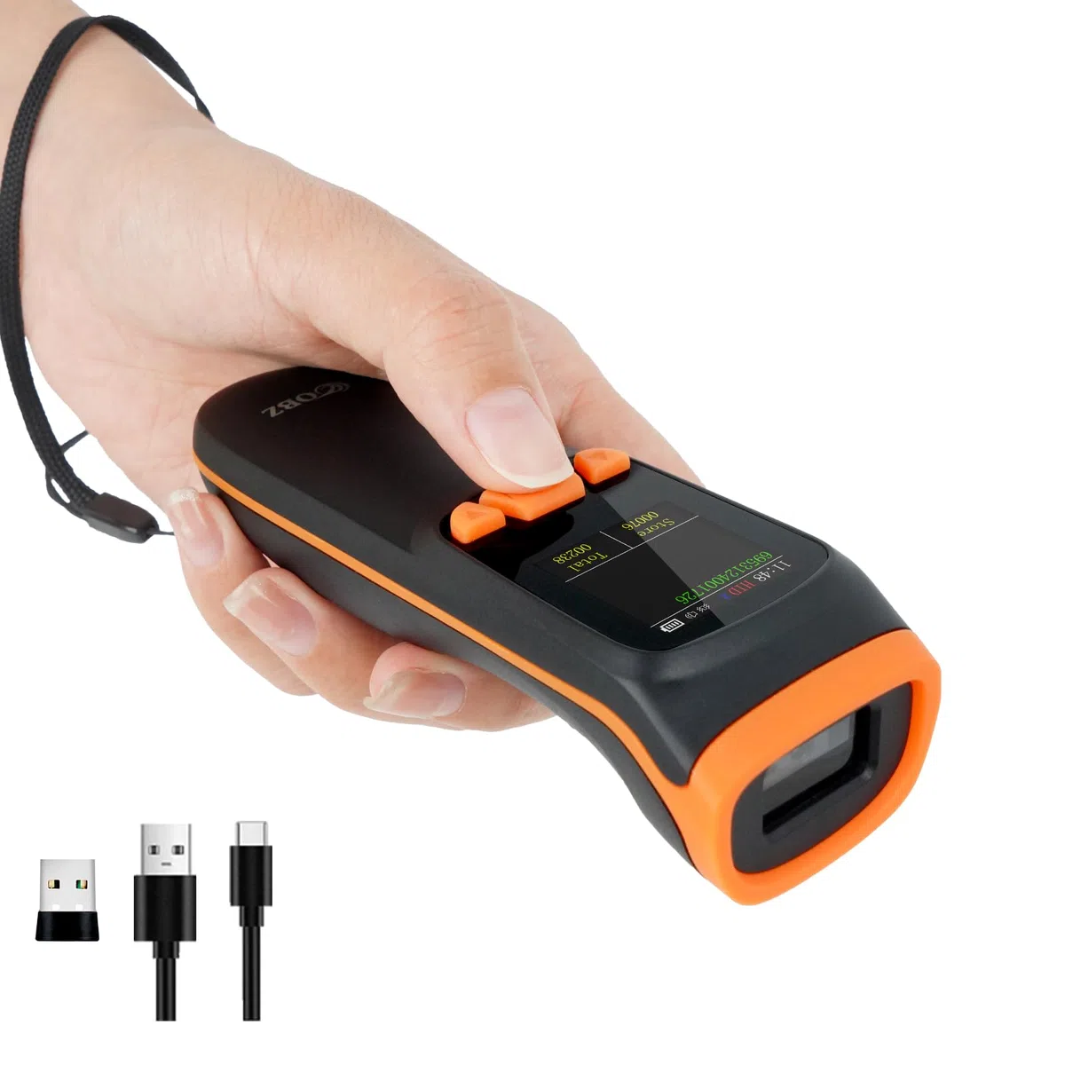 OBZ Lector Código de Barras Inalámbrico 2D 1D con Pantalla LCD, QR Escáner Bluetooth 3 en 1 (USB+2.4G) Portátil Pistola para Inventario Almacén Logística, Compatible con iOS Android Windows