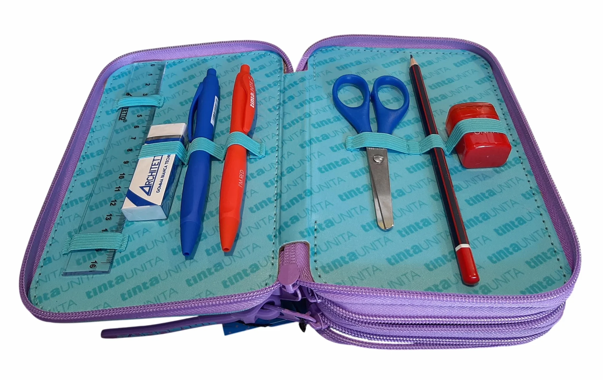 PRESTIGE & DELUXE Estuche completo de color liso Pool Over 3 cremalleras Gradient azul violeta completo de papelería + estuche sobre cremallera para escuela niña niña + llavero y bolígrafo de color