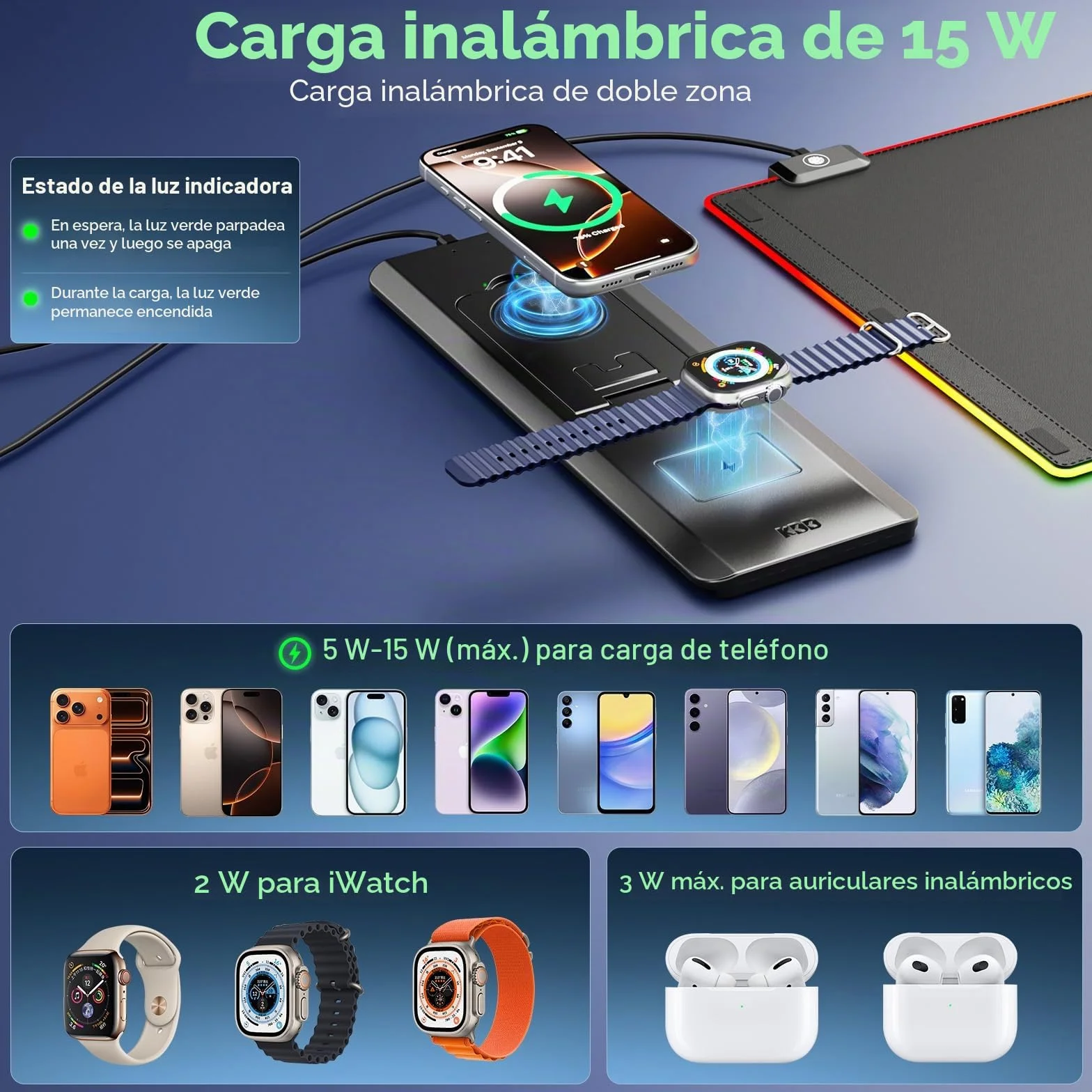 KDD LED Alfombrilla Ratón Gaming con 15W Carga Inalámbrica, Tapete Escritorio con Soporte Móvil Plegable, Mouse Pad XXL Antideslizante para Juegos Accesorios Gaming PC Auriculares Reloj (70x33cm)