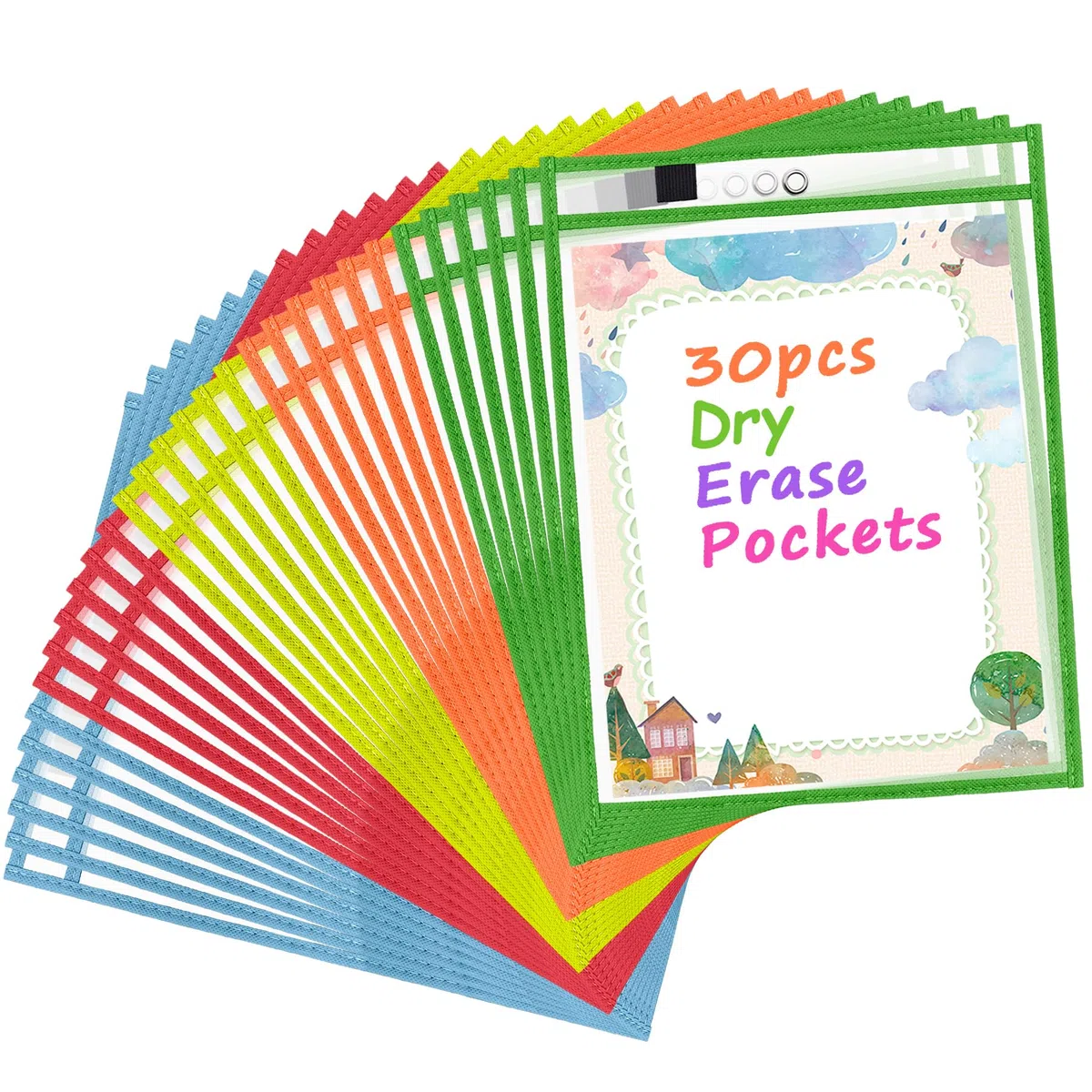 Antner Paquete de 30 fundas de bolsillo de borrado en seco de gran tamaño, soportes reutilizables para boletos, protectores de página de hojas de plástico transparente, bolsillos de trabajo