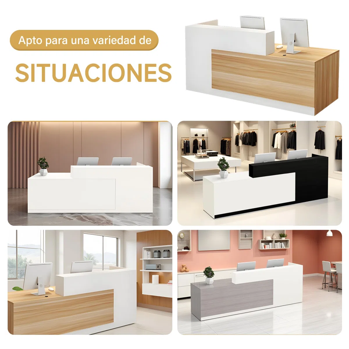 Mostrador Recepción Moderno de 100 A 240 cm con Cajón y Estantes Abiertos Mueble para Oficina Salón de Belleza Tienda o Área de Entrada