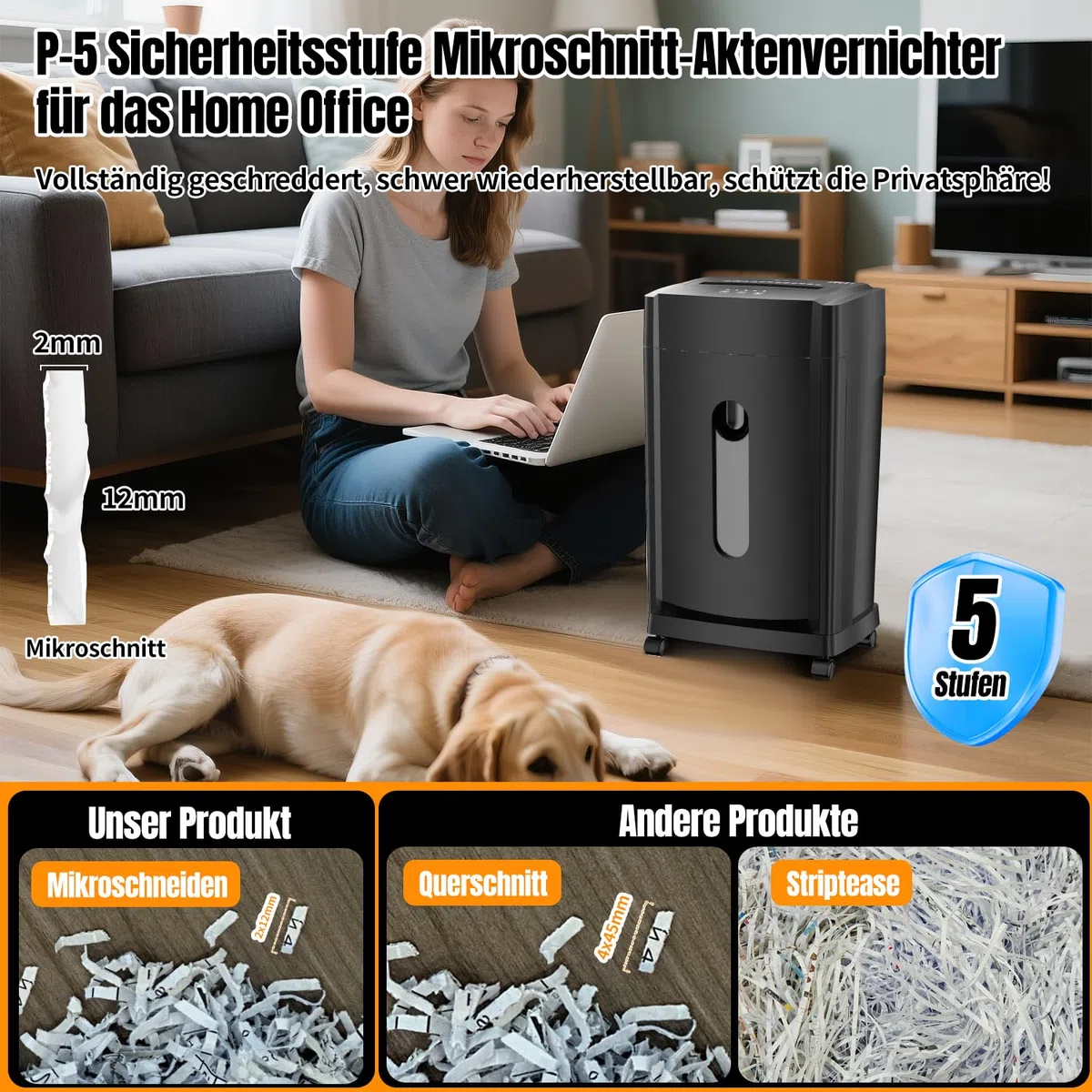 KRT - Destructora de papel profesional - Bajo ruido 38 dB - 30 minutos de autonomía - Microcorte P-5 - 8 hojas/1 CD - Cubo de basura extraíble de 30 litros - Antiatascos de papel - Ruedas para oficina