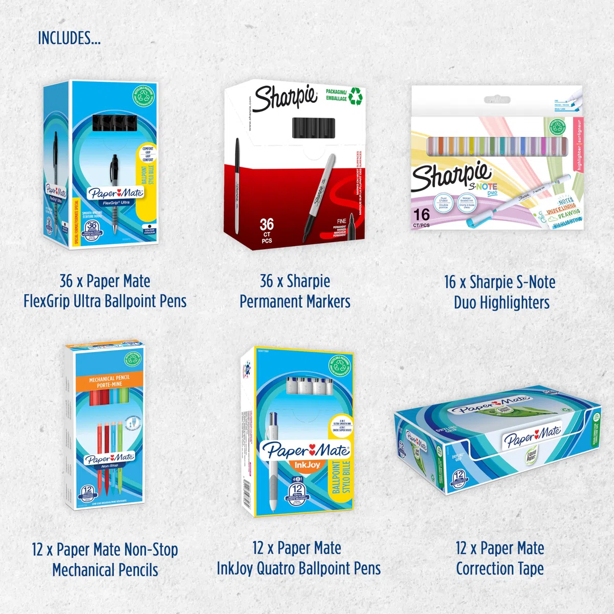 Sharpie Paper Mate Set de bolígrafos, rotuladores, subrayadores y mas | Suministros de papelería | Incluye rotuladores permanentes, portaminas y cinta correctora | 124 unidades