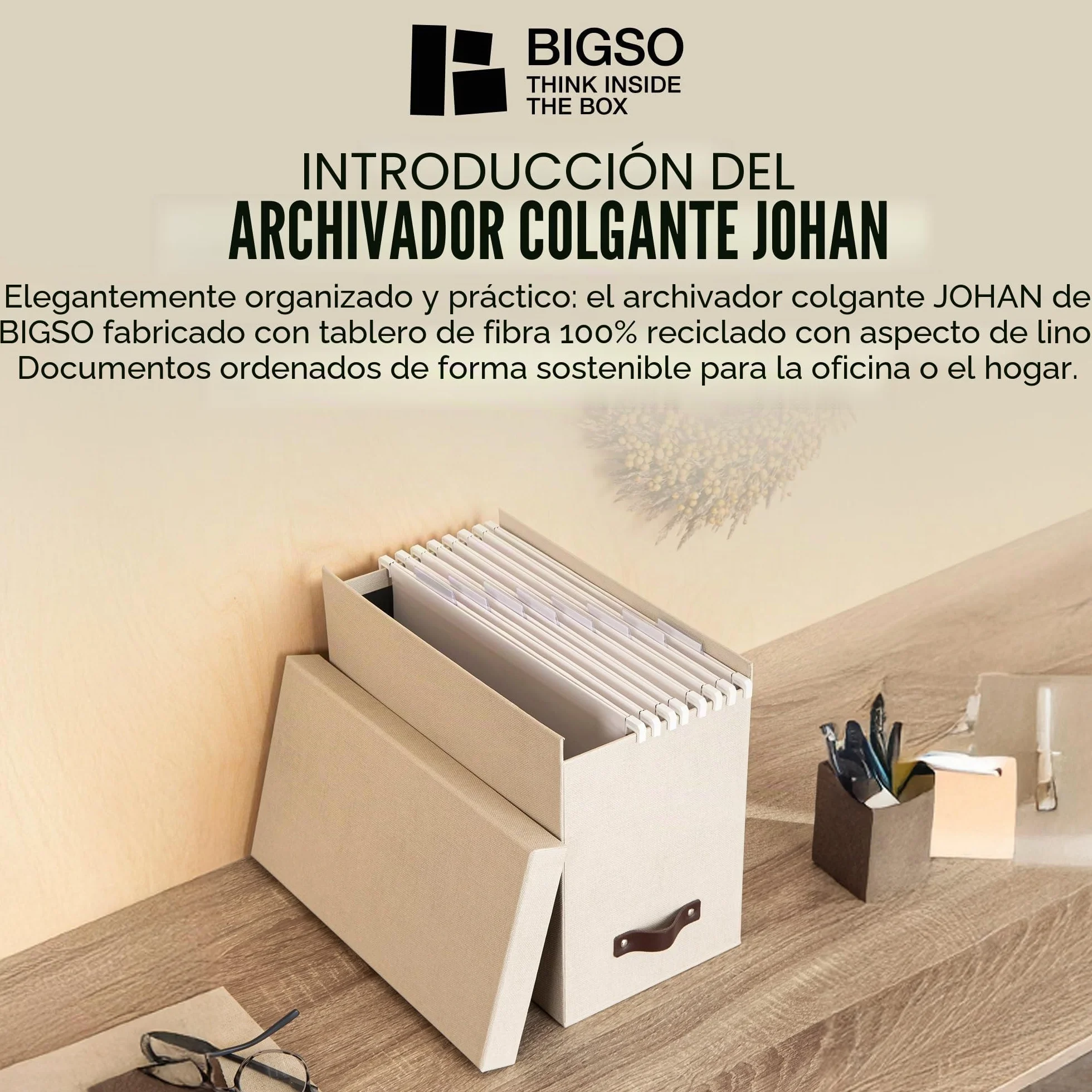 Bigso Box of Sweden Caja archivadora con tapa – Elegante organizador de documentos con 8 carpetas colgantes – Caja clasificadora de tablero de fibras y papel con elegante aspecto de lino – beige