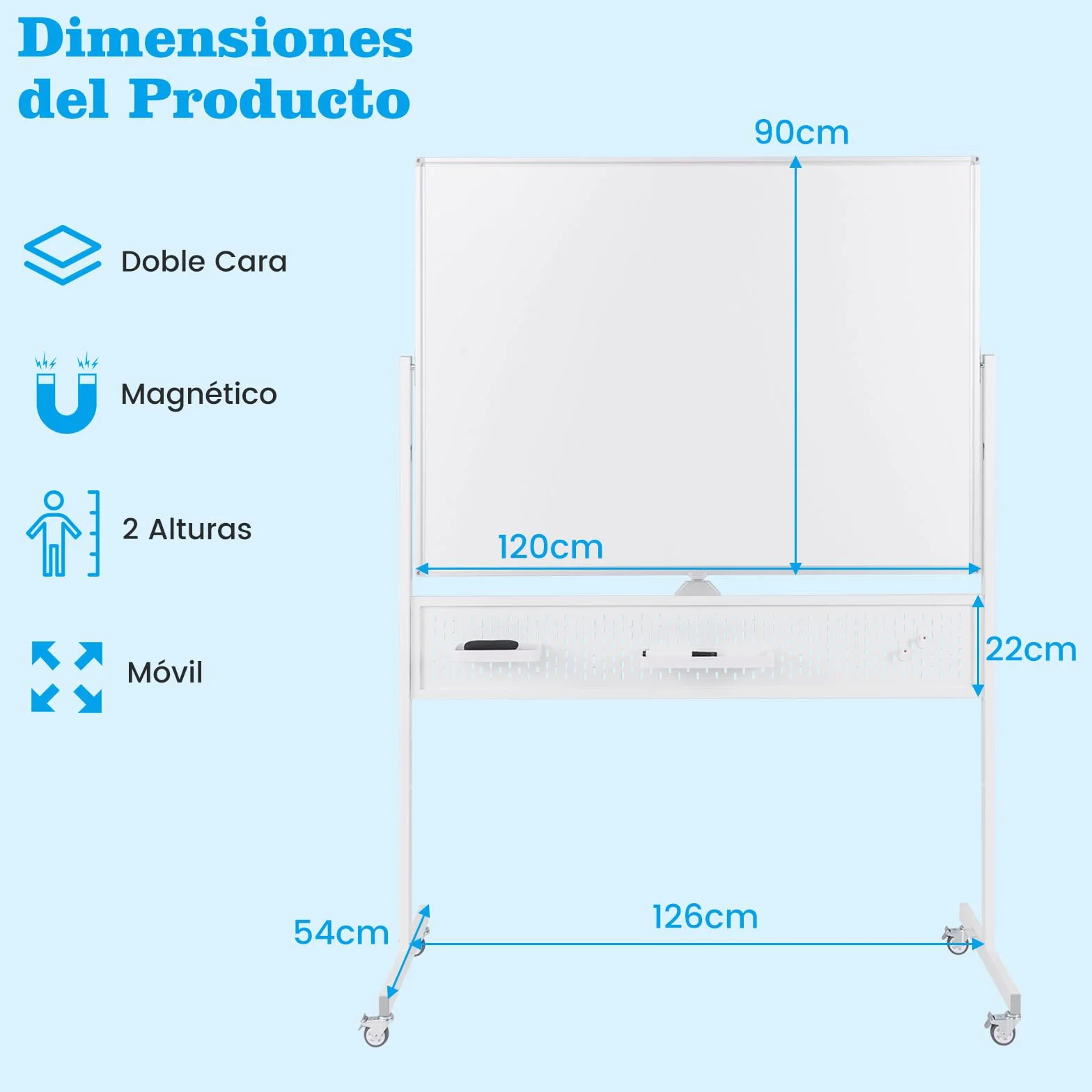 COSTWAY Pizarra Blanca Magnética 120 x 90 cm, Pizarra Blanca Grande Doble Cara, Ruedas Bloqueables, Giro 360°, Altura Ajustable, Panel Perforado y Accesorios, Pizarra de Pie Hogar Oficina (Blanco)