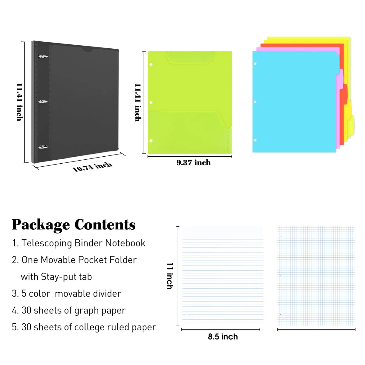 INFUN Cuaderno telescópico todo en uno, carpeta recargable de 3 anillos con 1 carpeta de bolsillo móvil de plástico, 5 separadores de materias de plástico y papel gráfico y papel rayado universitario,
