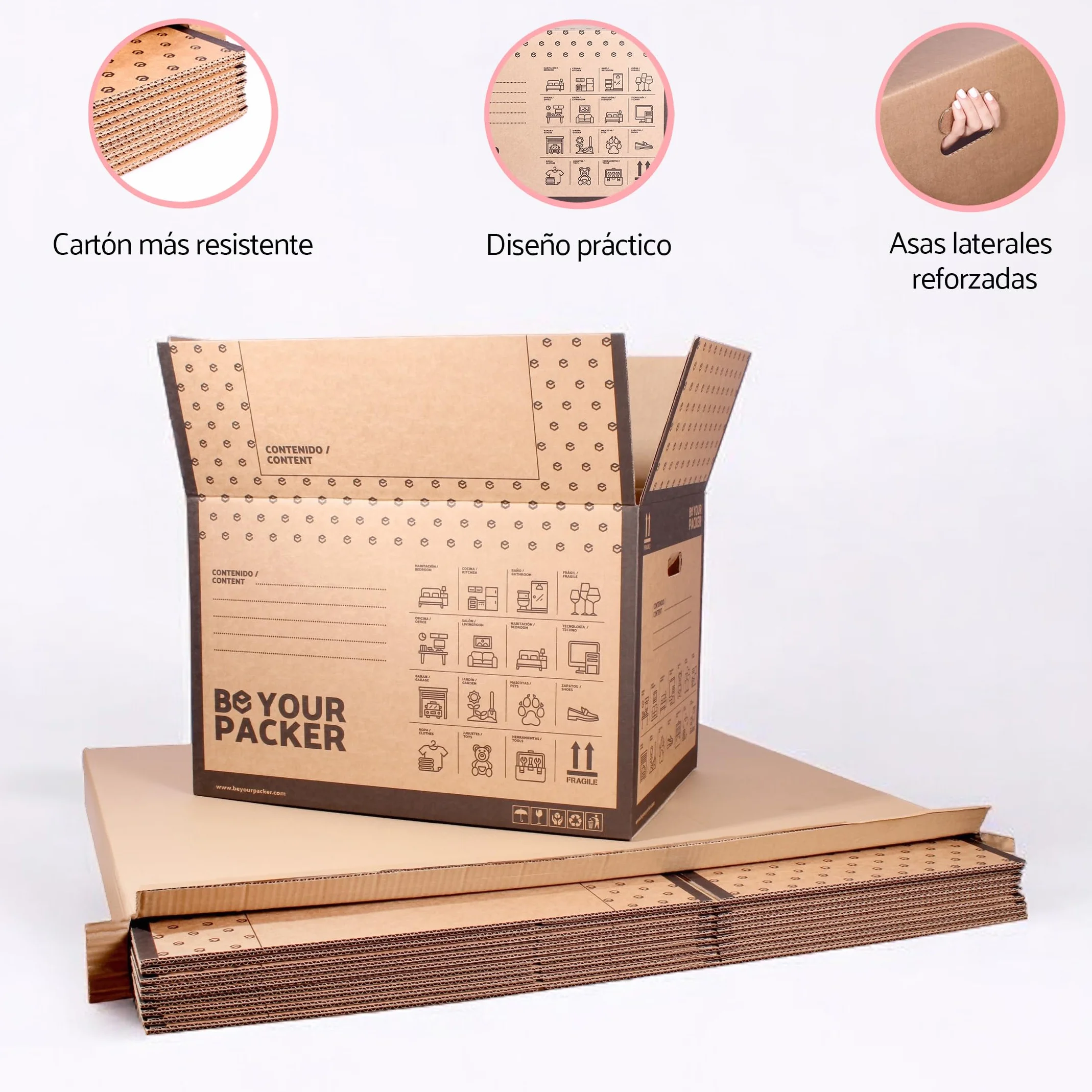 Cajas de Mudanza Grandes 60x40x40 cm con Asas, Pack de 10 |Be Your Packer