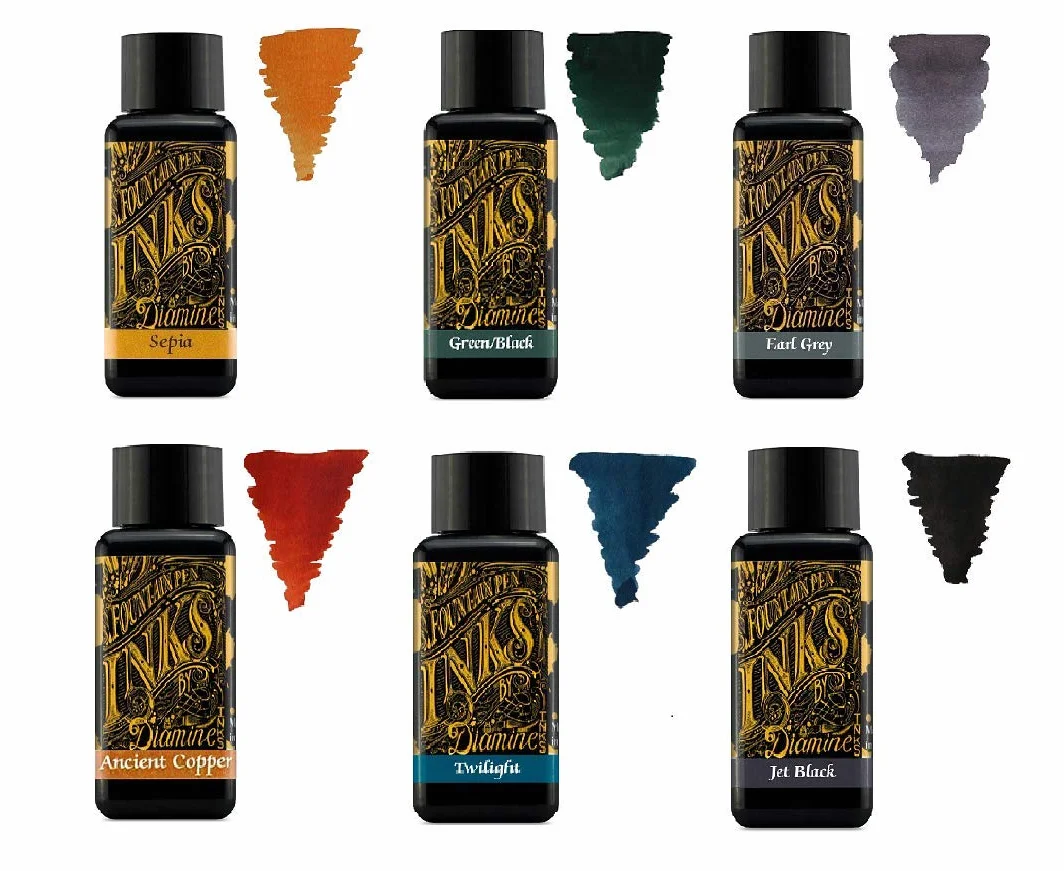 Diamine - Tinta para pluma estilográfica (30 ml, color básico, 6 botellas, Sepia, Green Black, Earl Grey, Ancient Copper, Crepúsculo, Jet Black
