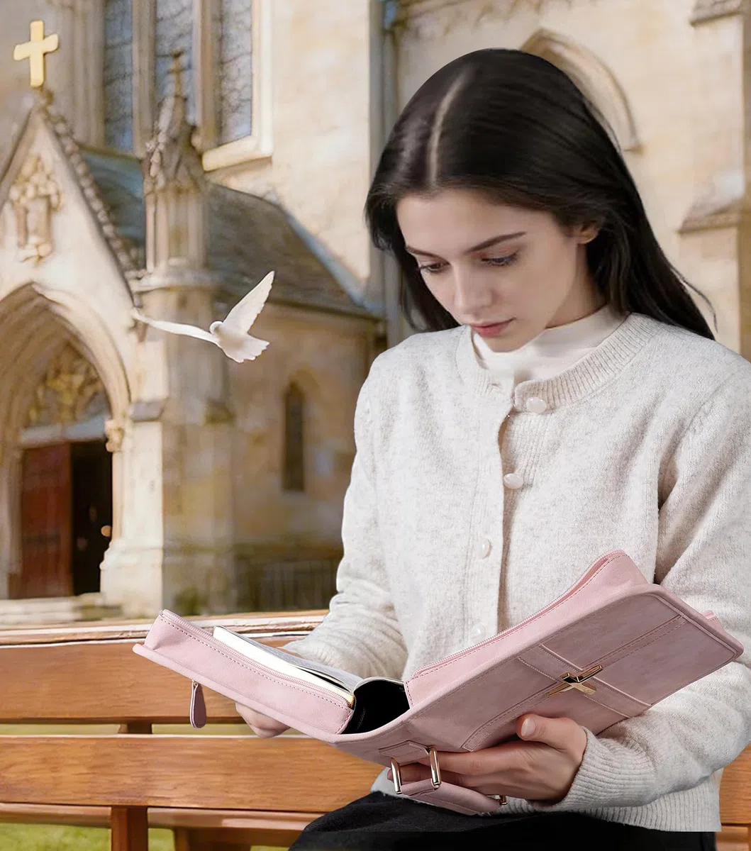 Funda de cuero vegano para la Biblia, bolsa de la Biblia con bolsillo para teléfono, funda de la Biblia para hombres y mujeres, caja de regalo cristiana (rosa)