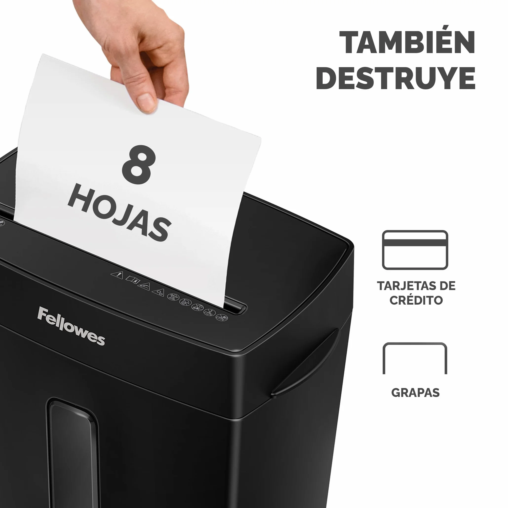 Fellowes FS-8C - Trituradora de Papel, Corte en partículas, Destruye hasta 8 Hojas, Destructora de Papel Uso Personal, Papelera de 15 litros, Nivel de Seguridad P4, Exclusiva de Amazon