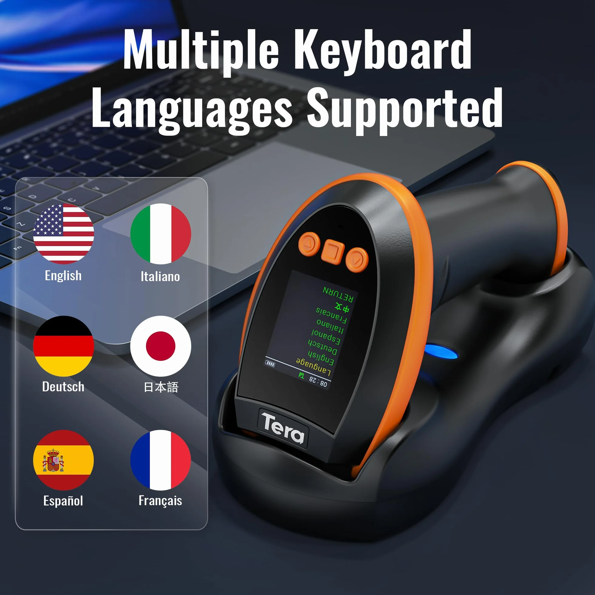 Tera Pro Escáner inalámbrico de códigos de Barras 1D 2D QR Pantalla de configuración Digital, Velocidad de escaneo Extra rápida, Bluetooth 2.4G Cable USB, Instructions en Anglais HW0009