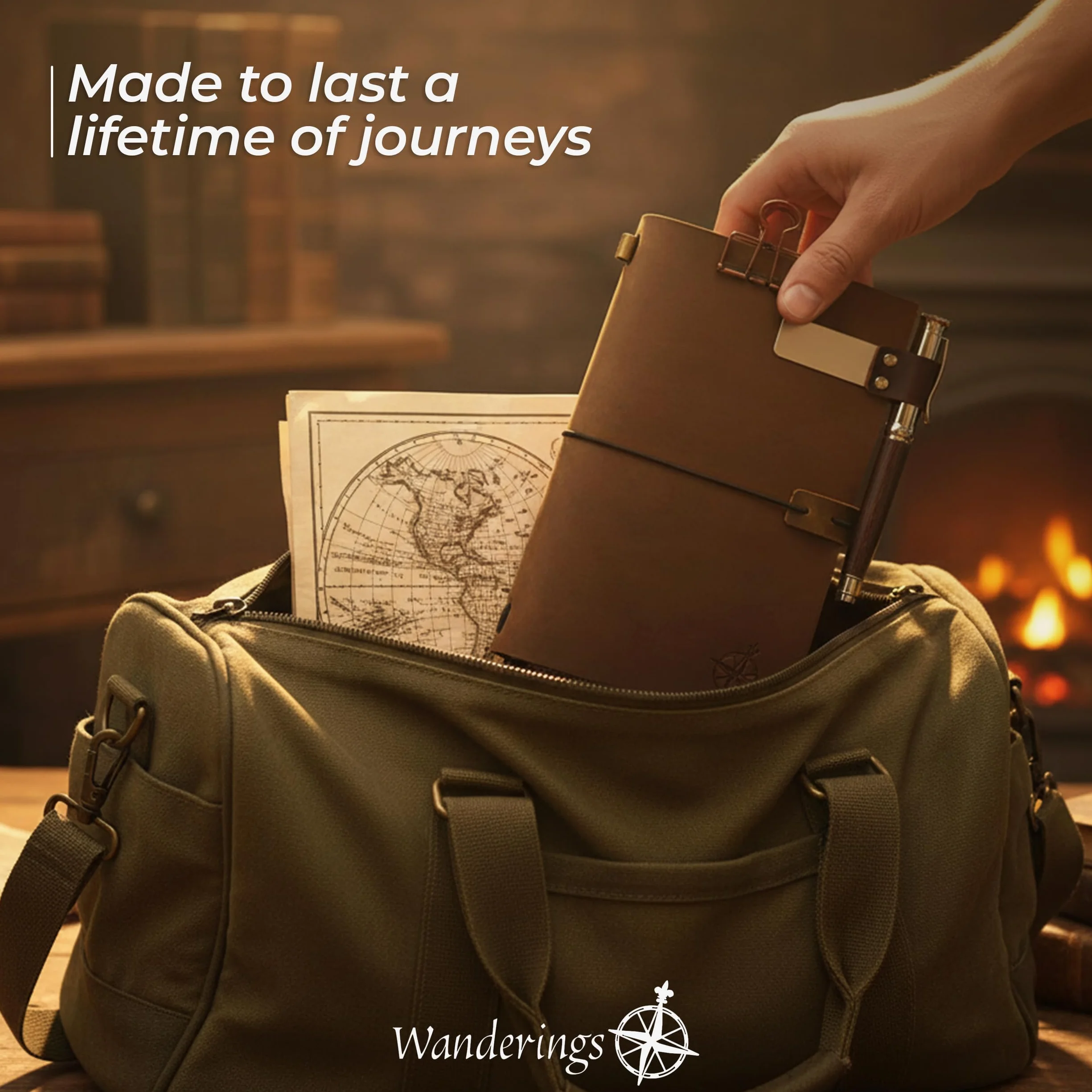 WANDERINGS Cuaderno de Viaje A5 / Diario de Cuero Genuino Hecho a Mano - 22x15 cm Incluye un Portalápices con Bolígrafo y 2 Recargas de Tinta Adicionales, una Carpeta de PVC y un Clip Sujetapapeles