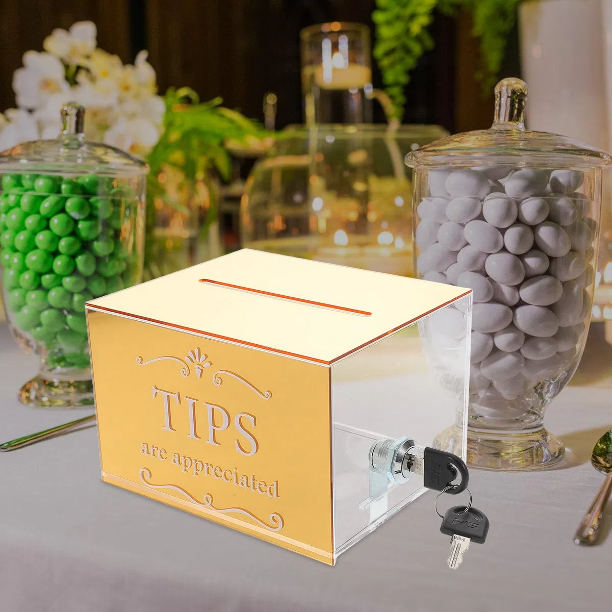 Lurrose Acrílico Caja de Propinas con Cerradura para Bar y Restaurante | Diseño Transparente, Acabado Dorado Elegante, Gran Capacidad, Adecuado para Sugerencias, Rifas y Donaciones
